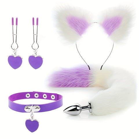 4pcs BDSM Set Anal Sex Toys Fox Tail Anal Plug Nipple Clip Sexy Plush Cat Ear Headband With Bells Necklace Set Massage Sex Toys For Women Couples Cosplay