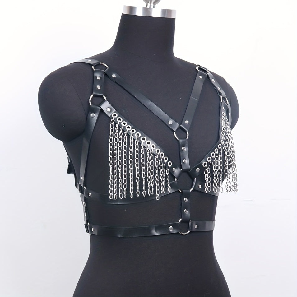 Punk Hollow PU Leather Chain Tassel Bra Harness Belt - Goth Halloween Rave Accessory