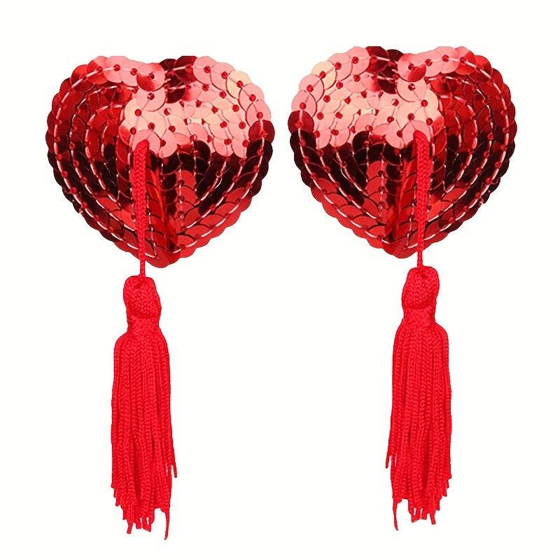 Heart Shaped Tassel Nipple Covers - Invisible Self-adhesive Sequin Breast Pasties