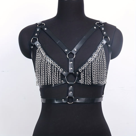 Punk Hollow PU Leather Chain Tassel Bra Harness Belt - Goth Halloween Rave Accessory